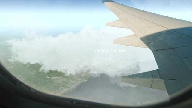 Airplane Flying over Toronto, Canada and Clouds. Aerial Airplane scenes. Jet Flying Over City. Aerial City Animation, Vox Style Map Animation 4K
