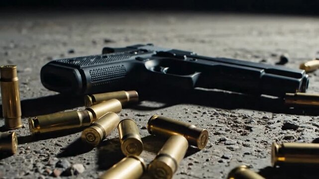 Close-up of a dark tactical semi-automatic handgun lying on rough ground surrounded by scattered brass ammunition casings.