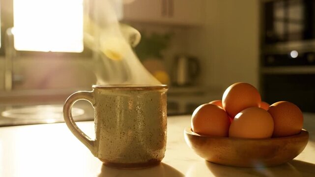 Cozy Kitchen With Steaming Mug And Eggs. Sunrise Illuminates Cozy Kitchen With Hot Coffee And Eggs. Golden Morning Light Bathes Kitchen As Steaming Mug And Eggs Create Warmth And Comfort
