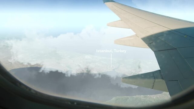 Airplane Flying over Istanbul, Turkey and Clouds. Aerial Airplane scenes. Jet Flying Over City. Aerial City Animation, Vox Style Map Animation 4K