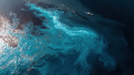 Aerial view of swirling ocean currents and distant ship