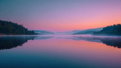 Obraz premium Calm Lake Reflecting Trees at Sunrise