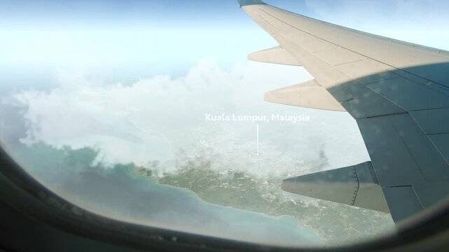 Airplane Flying over Kuala Lumpur, Malaysia and Clouds. Aerial Airplane scenes. Jet Flying Over City. Aerial City Animation, Vox Style Map Animation 4K