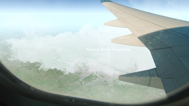 Airplane Flying over Buenos Aires, Argentina and Clouds. Aerial Airplane scenes. Jet Flying Over City. Aerial City Animation, Vox Style Map Animation 4K
