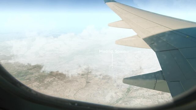 Airplane Flying over Madrid, Spain and Clouds. Aerial Airplane scenes. Jet Flying Over City. Aerial City Animation, Vox Style Map Animation 4K