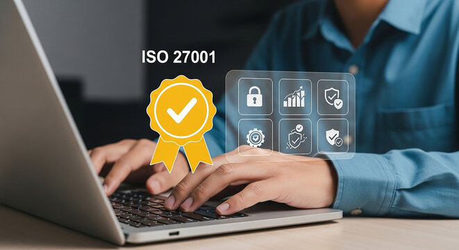 ISO 27001 Certification: A professional diligently works on a laptop, a digital representation of the certification badge floats above, symbolizing commitment to information security, standards.