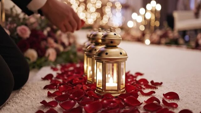Decorative Ramadan Setup. Serene Evening Scene With Illuminated Lanterns And Floral Decoration. Gentle Motion Captures Spiritual Ambiance Of Ramadan Evening Celebration With Lights And Flowers