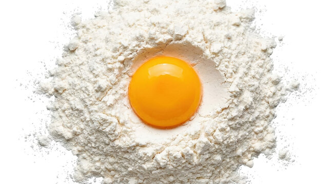 Fresh yellow egg yolk resting in middle of white flour pile on transparent background now
