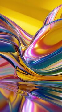 bstract flowing metallic liquid surface with iridescent rainbow colors, smooth organic shapes, and a shimmering yellow background