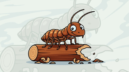 A cheerful cartoon ant stands on a damaged wood log. © Rendi