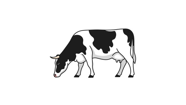 A black and white cow grazes on a white background.