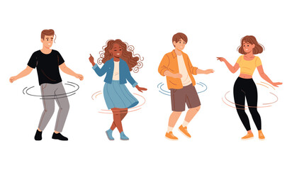 Obraz premium Diverse group of young adults hula hooping and dancing with joyful expressions