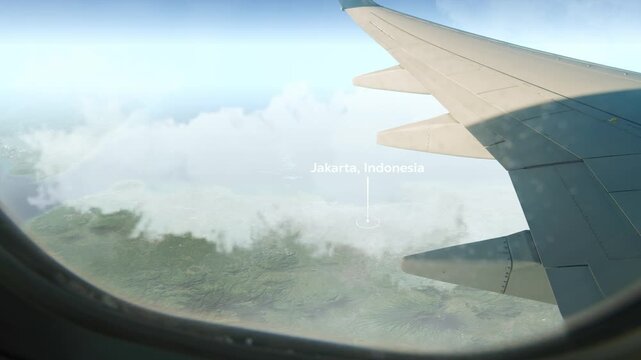 Airplane Flying over Jakarta, Indonesia and Clouds. Aerial Airplane scenes. Jet Flying Over City. Aerial City Animation, Vox Style Map Animation 4K
