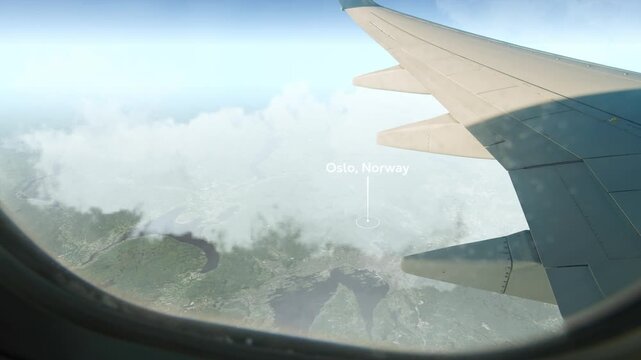 Airplane Flying over Oslo, Norway and Clouds. Aerial Airplane scenes. Jet Flying Over City. Aerial City Animation, Vox Style Map Animation 4K