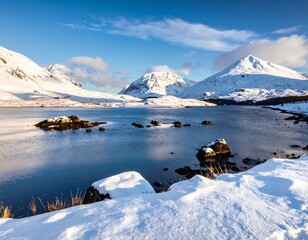 Winter Serenity - Snow-Covered Mountains and Lake Landscape.