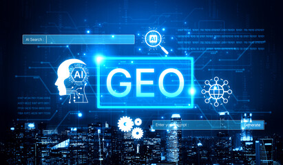 Fototapeta premium Digital marketing concept featuring GEO strategy. Generative AI search visual shows GEO interface integrating intelligence, logic, and AI input system for prompt tasks. Corpus
