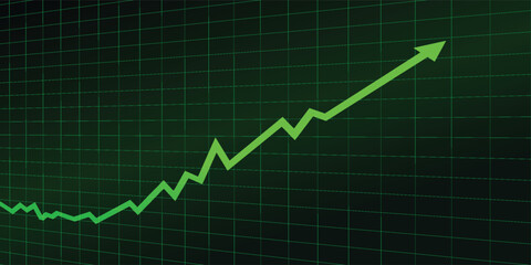 A vibrant green line graph on a dark grid background showing a strong upward trend with an arrow indicating growth and success.