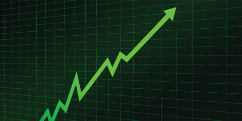 Obraz premium A vibrant green line graph on a dark grid background showing an upward trend with fluctuations, symbolizing growth, success, and positive market performance.