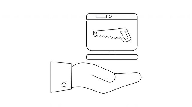 Digital Carpentry - Hand Holding Computer with Saw Icon.