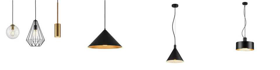 Fototapeta premium Modern Pendant Light Fixtures, Industrial Black and Gold Hanging Lamps, Decorative Ceiling Lighting for Kitchen and Living Room, Minimalist Interior Design, Metal Chandelier