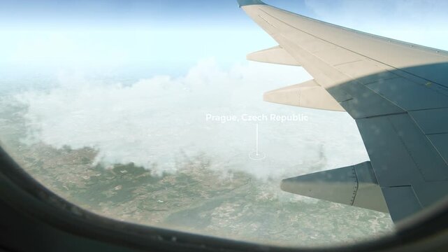 Airplane Flying over Prague, Czech Republic and Clouds. Aerial Airplane scenes. Jet Flying Over City. Aerial City Animation, Vox Style Map Animation 4K
