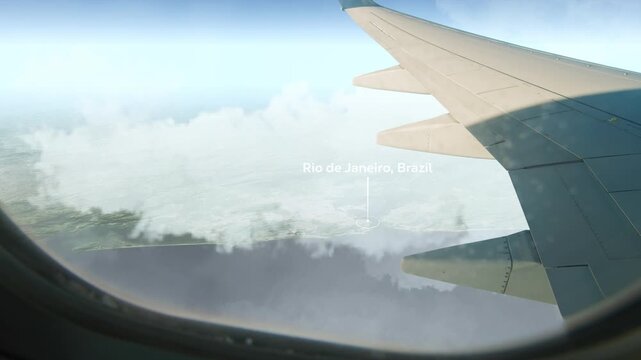Airplane Flying over Rio de Janeiro, Brazil and Clouds. Aerial Airplane scenes. Jet Flying Over City. Aerial City Animation, Vox Style Map Animation 4K