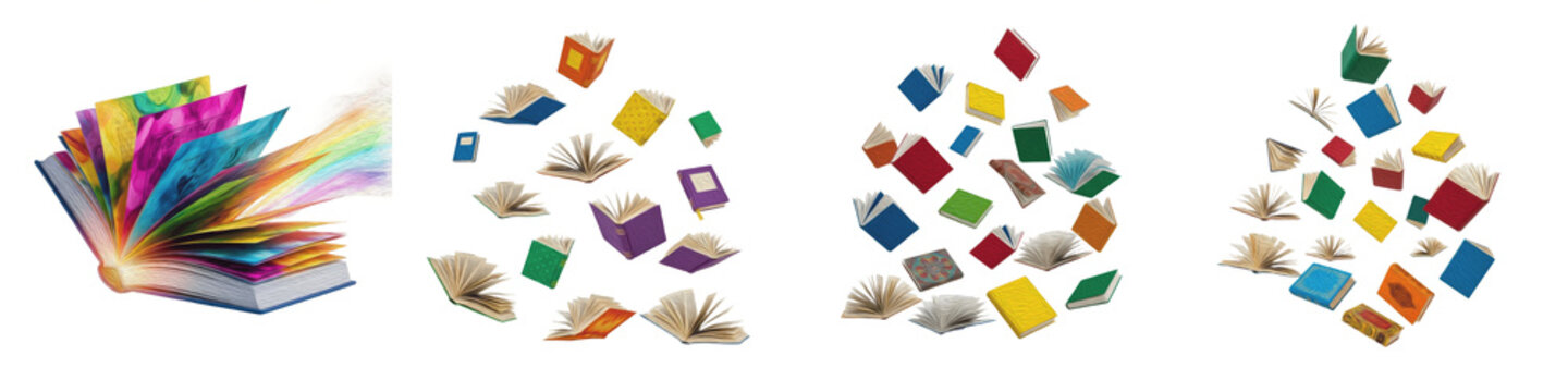 Flying Colorful Books Illustration, Open Book with Rainbow Pages, Creative Education and Imagination Concept, Isolated Literature and Library Graphics