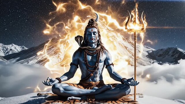 Lord Shiva Meditating in Himalayas with Flaming Trident and Golden Aura