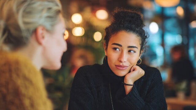 Intrigued Woman in Conversation at Cafe