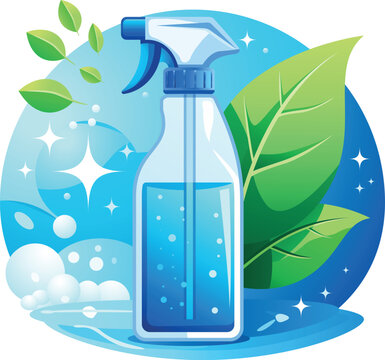 &Ouml;kologisches Logo f&uuml;r Reinigungsservice mit Spr&uuml;hflasche, gr&uuml;nen Bl&auml;ttern und Seifenblasen &ndash; Vektor Illustration