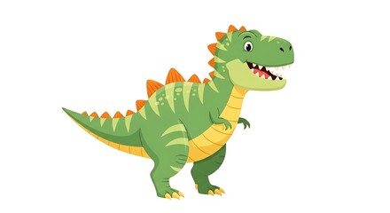 Obraz premium Cartoon illustration of a friendly green Tyrannosaurus Rex with orange spines, white bg