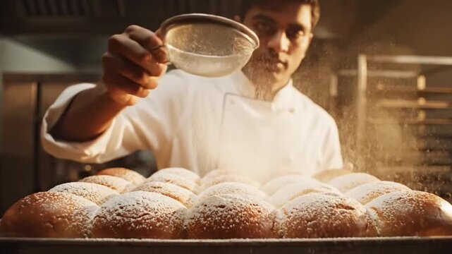 South Asian Pastry Chef Dusting Easter Buns With Powdered Sugar Over Tray Of Golden Rolls In Warm Bakery Kitchen Closeup Sifter Motion Morning Light Artisan Bread Preparation For Seasonal Celebration