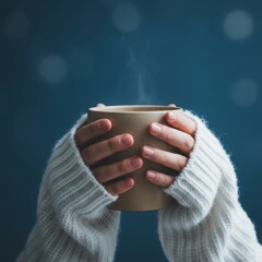 Close-up of hands wrapped around a warm ceramic mug in a "Cloud Dancer" white sweater.