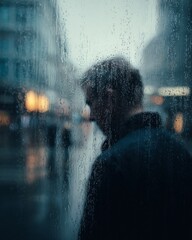 A person's silhouette looking out of a rain-streaked window at a grey city street.