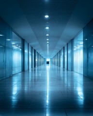 A long, empty modern office corridor with cool blue lighting.