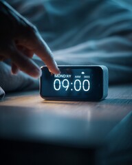 Close-up of a smartphone alarm clock showing "Monday 09:00 AM" on a bedside table.