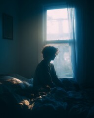 A person sitting on the edge of the bed in a dimly lit room, looking exhausted. 
