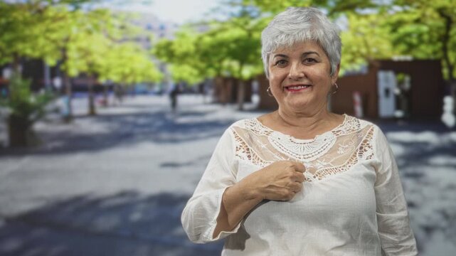 Woman senior with grey hair smiling and pointing to her chest while giving a thumbs up on a sunny pedestrian street wearing lace top; warm confidence.