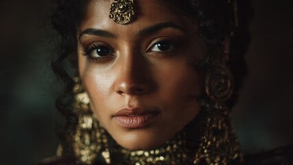 Fototapeta premium Portrait of a beautiful woman with gold jewelry
