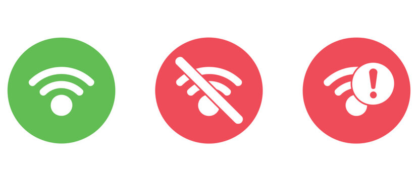 WiFi connection icon in red circle, vector illustration representing wireless network status, internet problem, and signal warning, suitable for apps, digital interfaces, and connectivity alert 