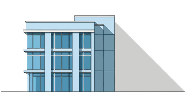 Modern office building with glass facade casting a shadow