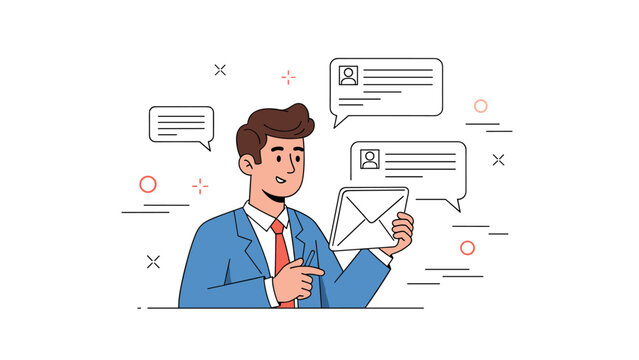 Young hispanic male professional engaged in digital communication with email and message icons