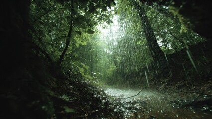 Fototapeta premium Rainy Day in a Green Forest