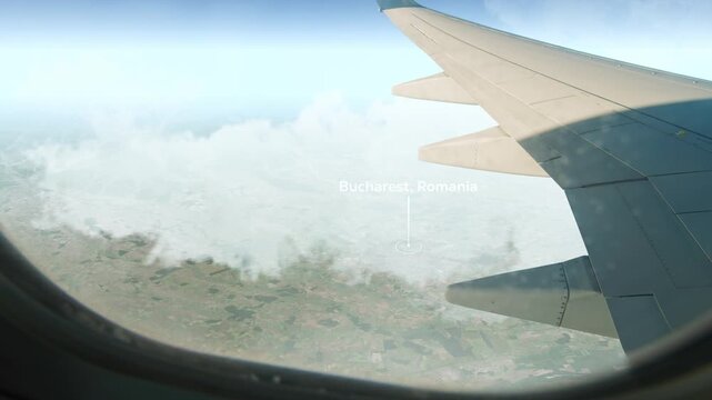 Airplane Flying over Bucharest, Romania and Clouds. Aerial Airplane scenes. Jet Flying Over City. Aerial City Animation &ndash; Vox Style Map Animation in 4K