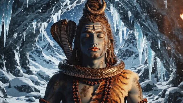 Lord Shiva Meditating in Icy Cave with Sacred Cobra and Holy Torch
