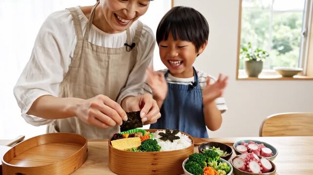 Traditional Meal Preparation Together. Mother And Son Happily Make Traditional Lunch. Family Involved In Preparing And Enjoying Culturally Significant Meals Together With Cheerful Expressions