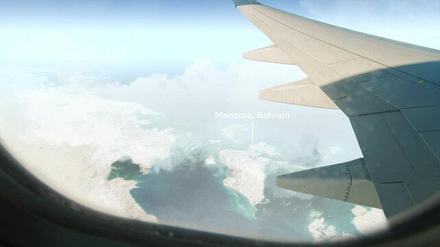 Airplane Flying over Manama, Bahrain and Clouds. Aerial Airplane scenes. Jet Flying Over City. Aerial City Animation &ndash; Vox Style Map Animation in 4K