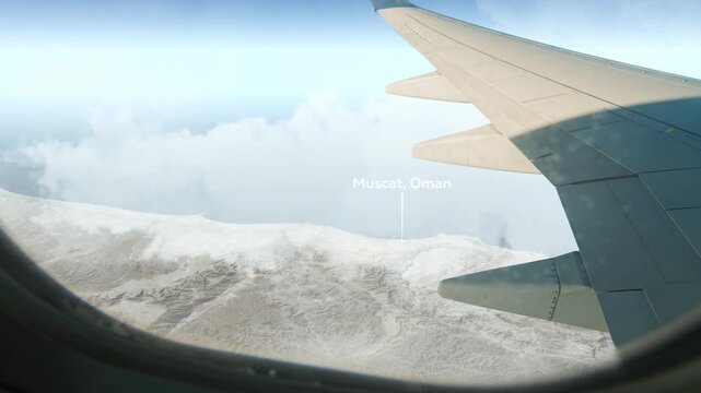 Airplane Flying over Muscat, Oman and Clouds. Aerial Airplane scenes. Jet Flying Over City. Aerial City Animation &ndash; Vox Style Map Animation in 4K