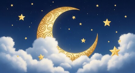 Fototapeta premium Cartoonish night scene, crescent moon with ornate gold swirls, stars, & fluffy clouds