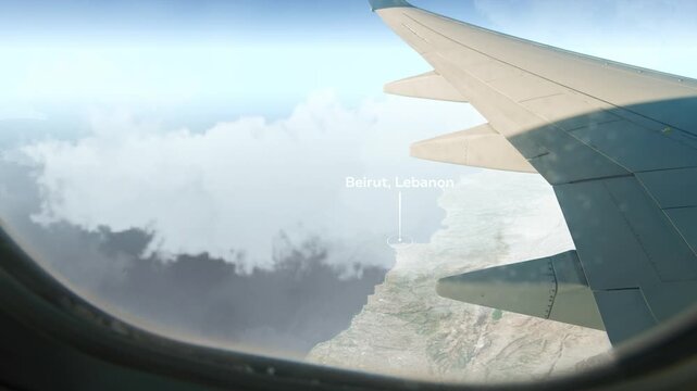 Airplane Flying over Beirut, Lebanon and Clouds. Aerial Airplane scenes. Jet Flying Over City. Aerial City Animation &ndash; Vox Style Map Animation in 4K